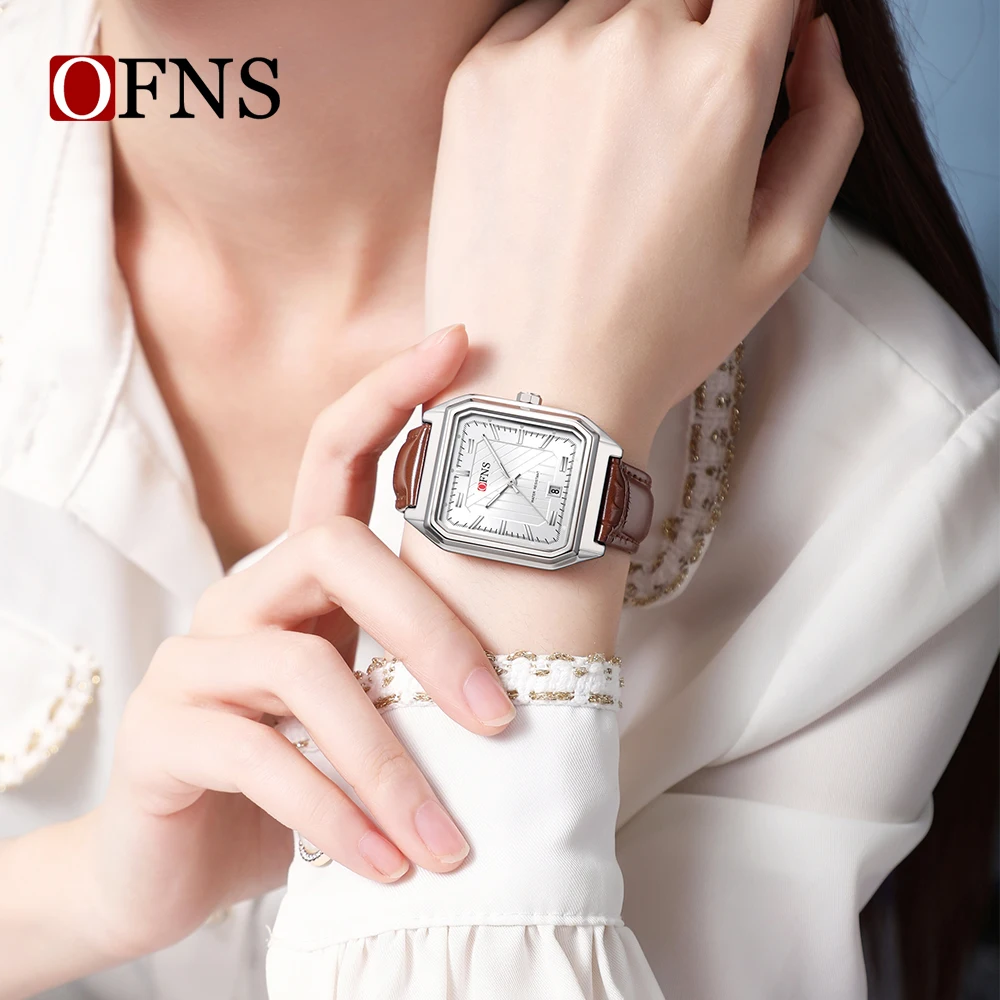 Zegarek Quartz OFNS 1623. Повседневный, простой квадратный циферблат, календарь, водонепроницаемый, кожаный ремень, модный спортивный zegarek n.