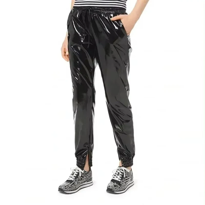 Women Shiny Faux Leather Elastic Waistband Pants Ladies Ankle Zipper Solid Color Glossy PU Trousers Casual Sport Pant New Custom
