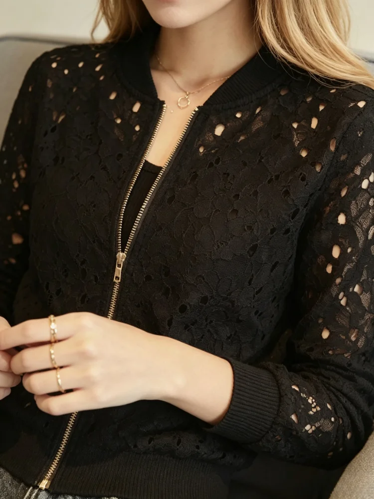 New Fall Women Floral Lace Bomber Jacket, Ribbed Baseball Collar Zip‑Up Long‑Sleeve Sheer Hollow‑Out Cropped Casual Outerwear