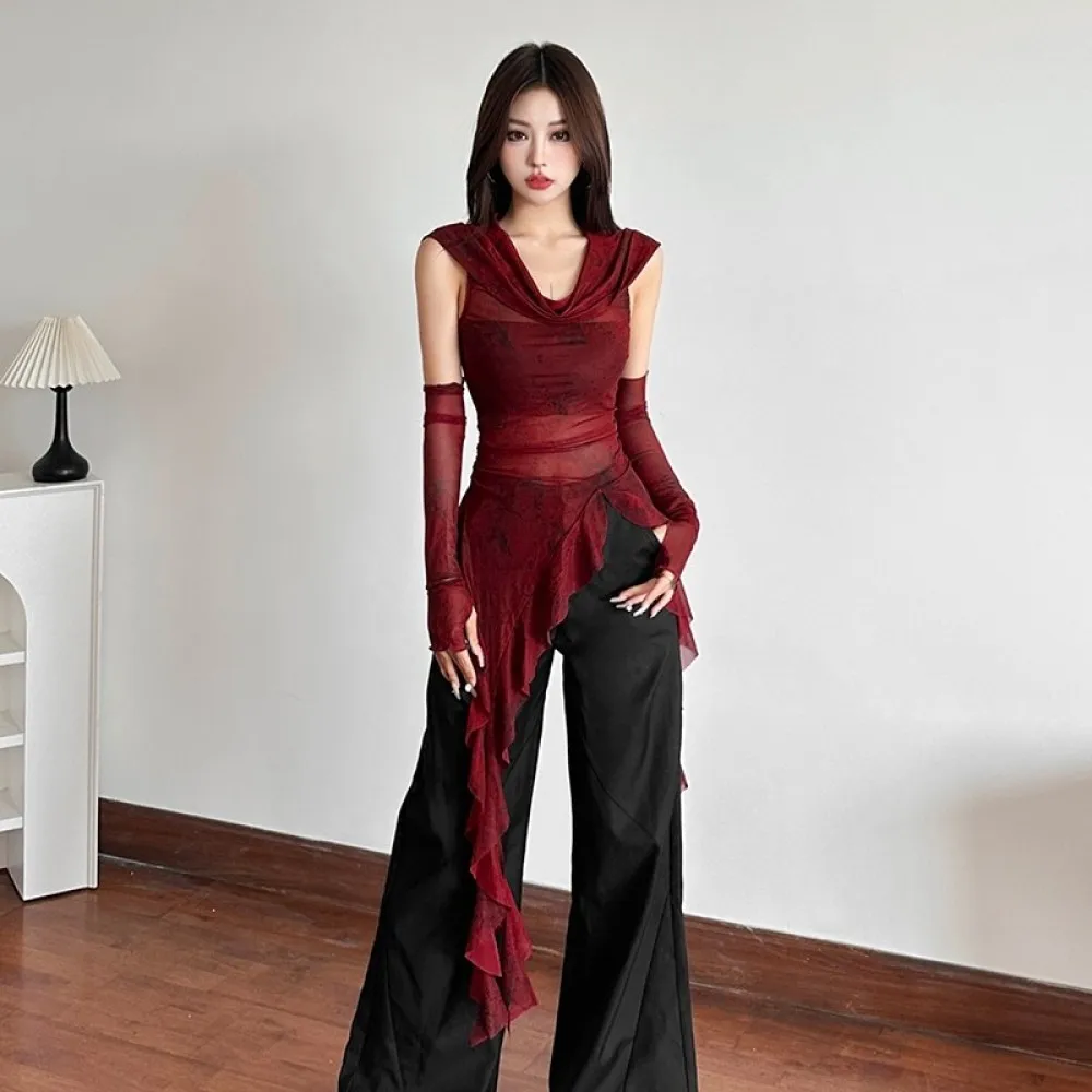 SylCue Camiseta feminina com babados e fitas, skinny, formato irregular, malha vazada, com capuz, moda versátil, estilo casual, roupas simples