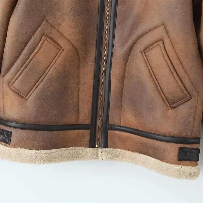 Chaqueta de ante retro americana para mujer con cremallera de solapa engrosada invierno cálido estilo motocicleta Top ajuste suelto