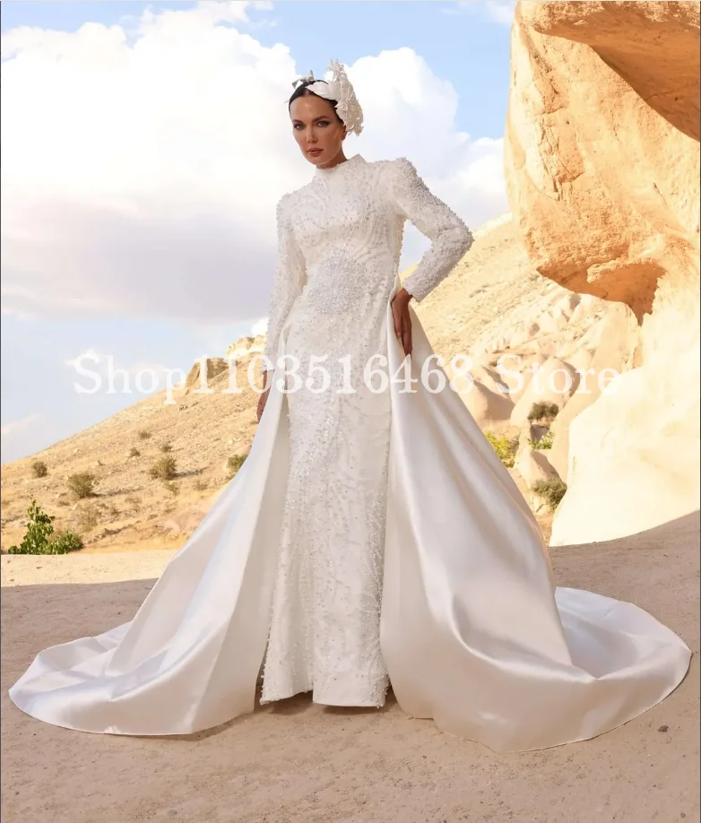 Luxo branco muçulmano vestidos de casamento requintado pérola applique manga longa trem destacável personalizado vestidos de casamento étnicos