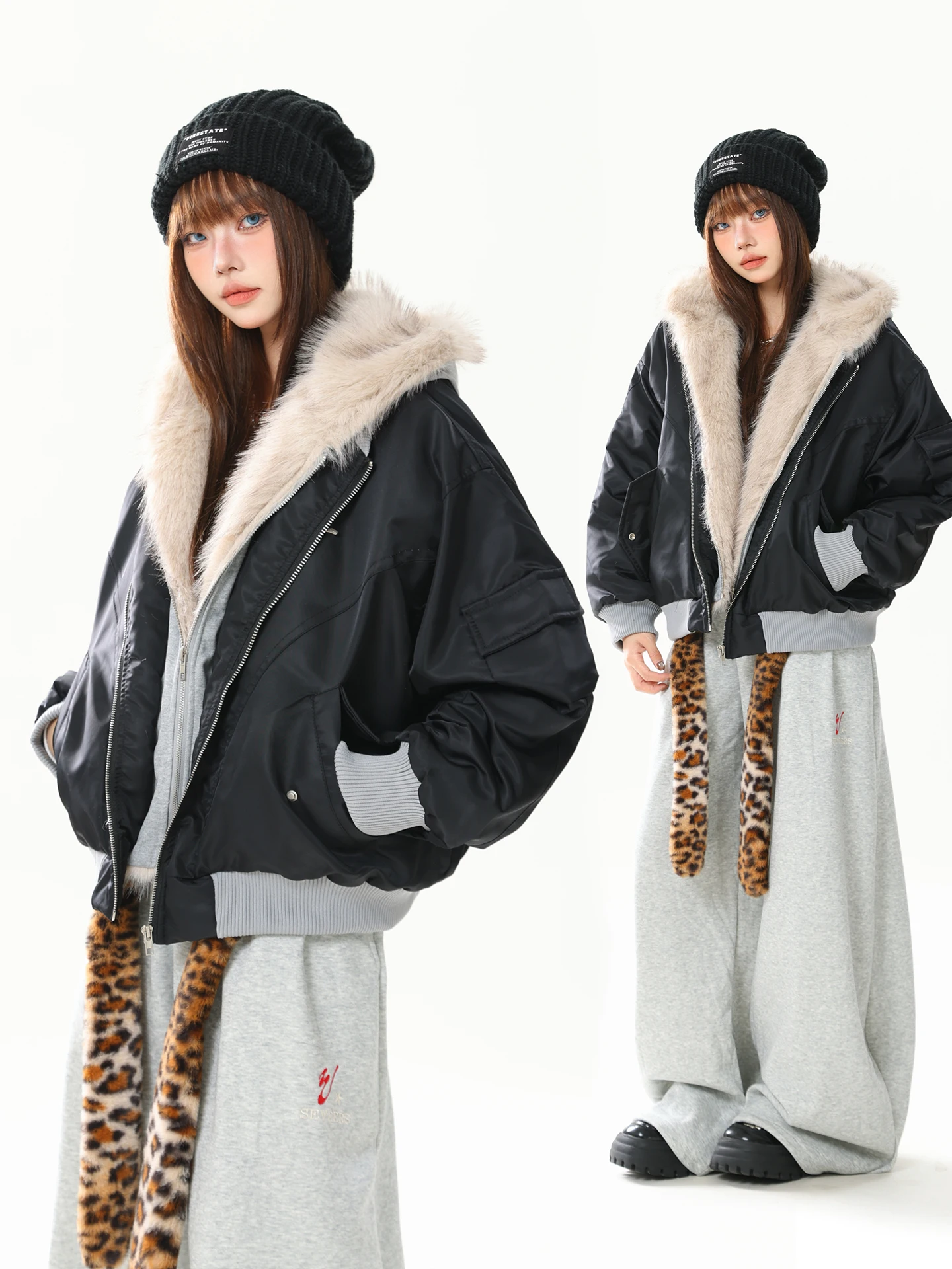 

Retro American Sle Women's Loose Cotton Jaet ort Outerwear with Fur Collar And Hood Splicing Design Winter Coat
