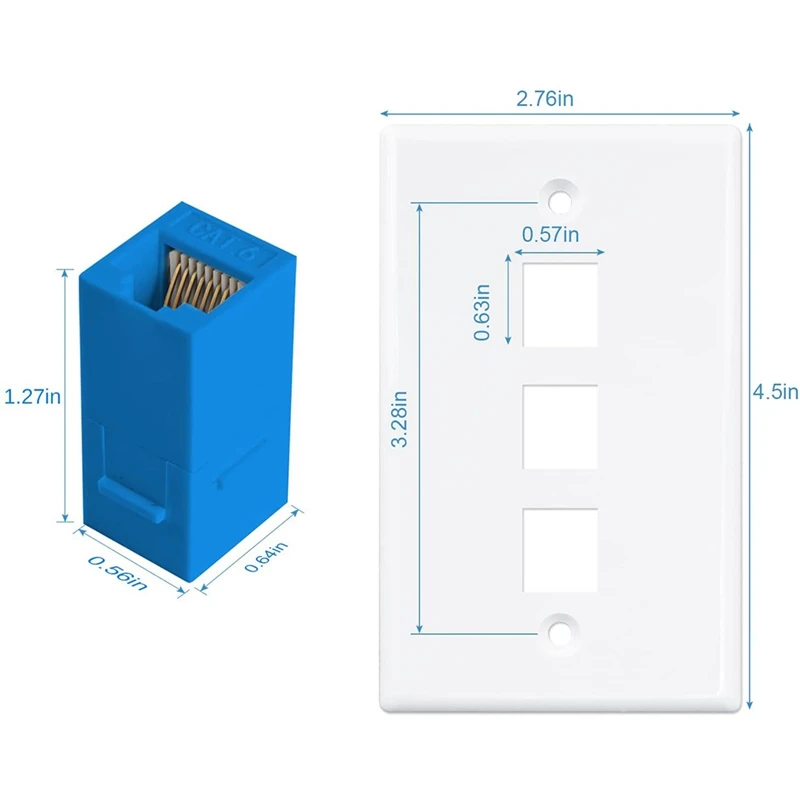 Placa de pared de 3 puertos Ethernet, placa de pared RJ45 con inserto de acoplador en línea Keystone RJ45, Cat6, 1 paquete