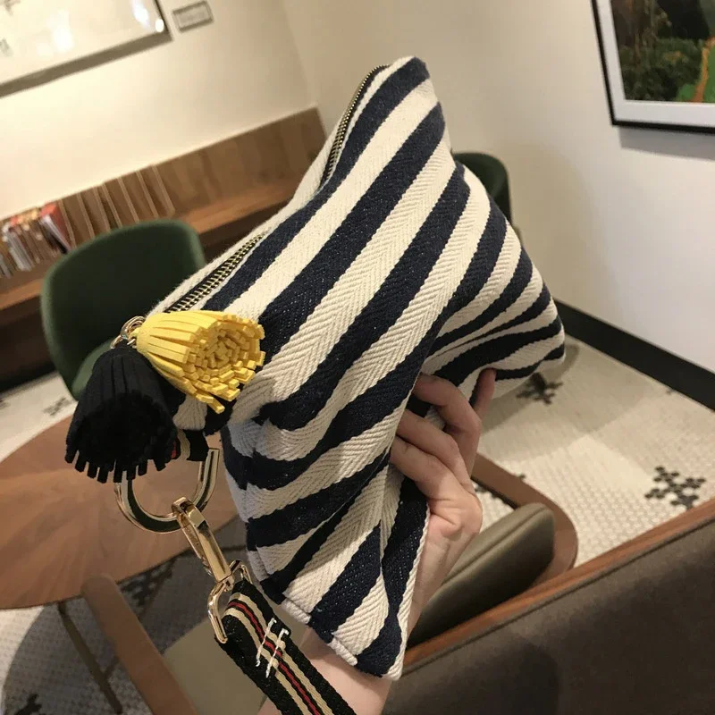 化粧品バッグ女性ストライプ化粧ケースオーガナイザー韓国タッセル化粧品ポーチ必需品旅行トイレタリーバッグキャンバス美容ケース 1