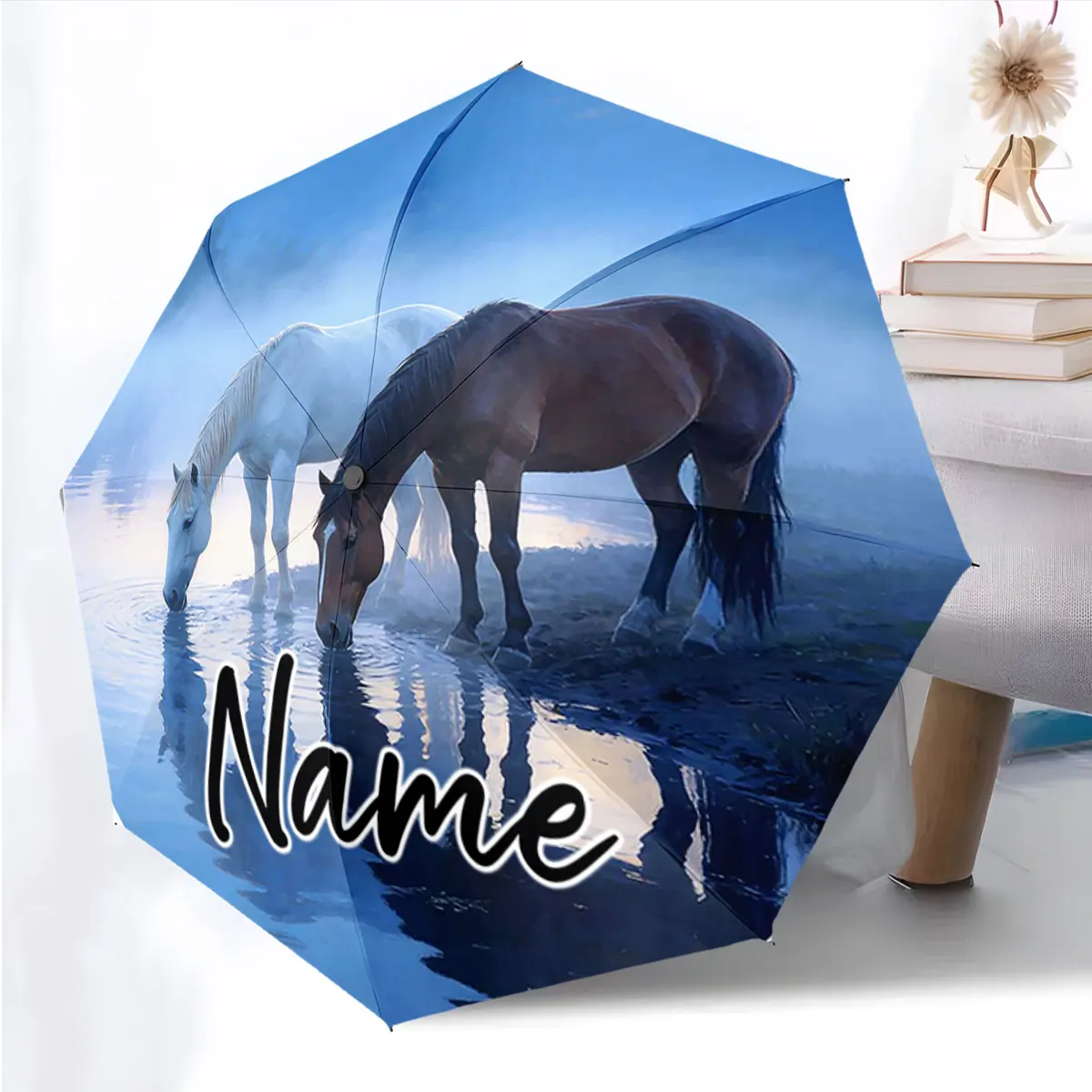 Custom Name Two Horses by the Lake on a Scenic Umbrella Design Print 8 Iron Ribs Folding Umbrella Auto-Open Fashion Sunshade