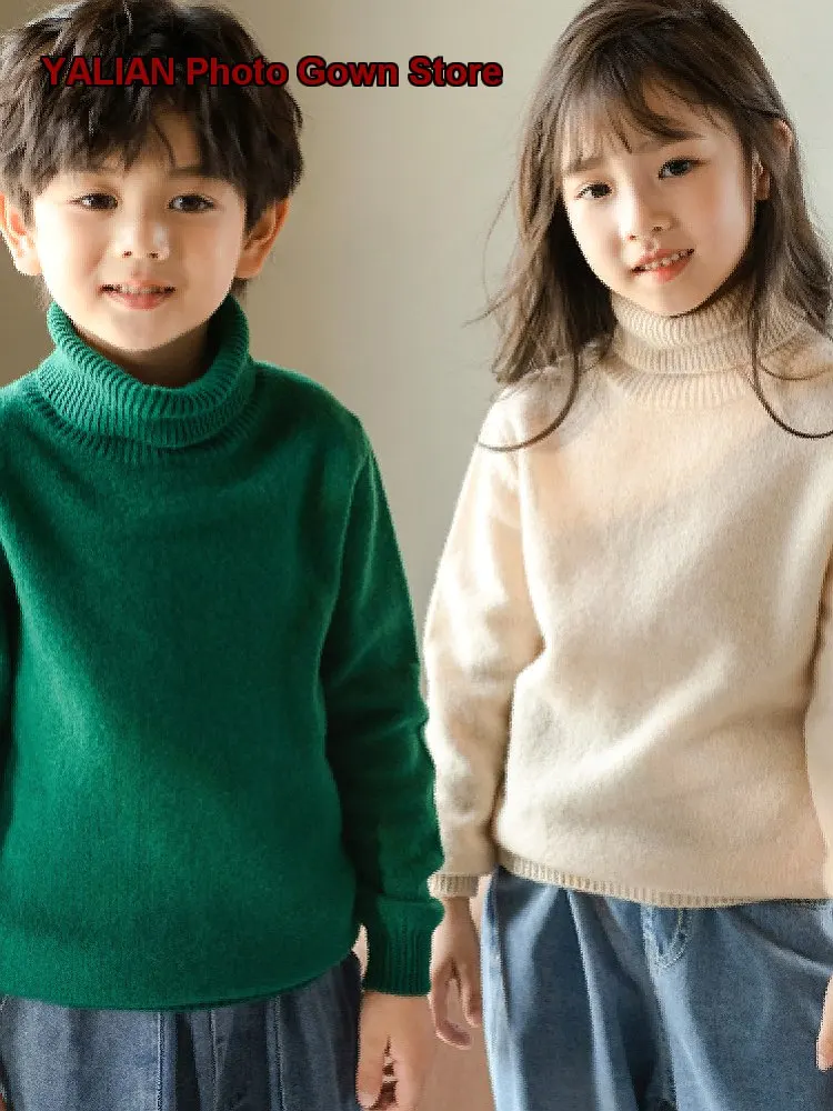 Boys Girls Turtleneck Sweater Kids Autumn Winter Cashmere Knit Top Solid Color Thickened Warm Infant High Neck
