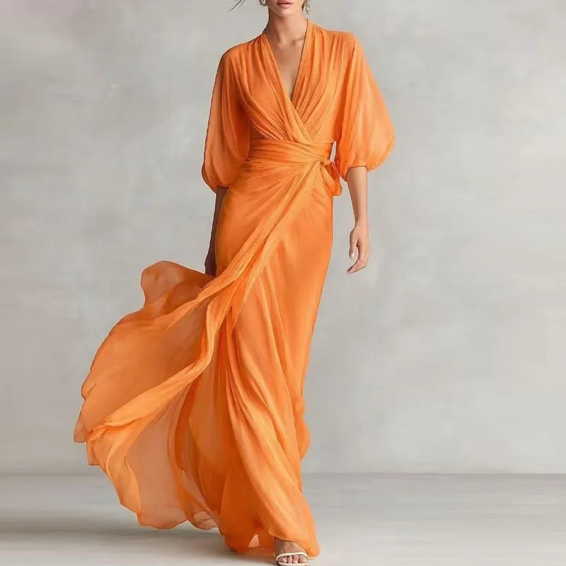 Lente Puff Half Sleeve Avondjurk Dames Elegant Diep V-hals Omgeslagen Taille Strik Flowy Maxi Jurk Zomer Vakantie Strand Lange Jurk