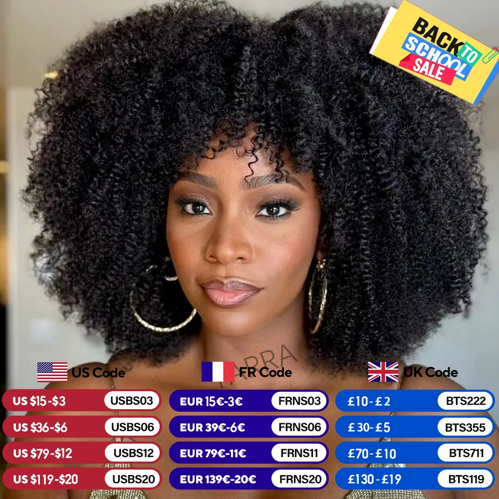 180 250 Dichte Afro Kinky Curly Echthaarperücken mit Pony für schwarze Frauen Brasilianisches 100 % Echthaar Remy Vollmaschinell hergestelltes Haar