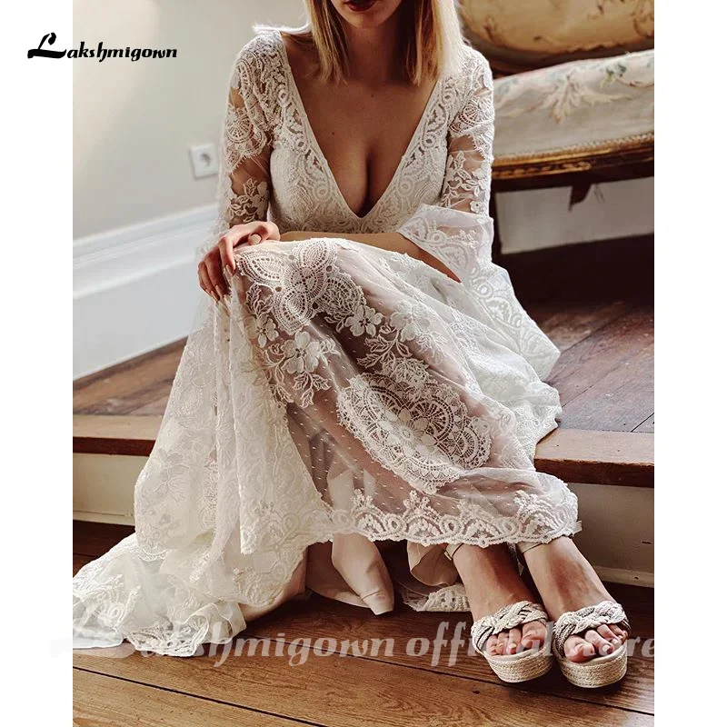 

Roycebridal Boho Deep V-Neck Full Lace A Line Wedding Dress with Belt Flare Half Sleeve Lace-Up Vestido Femininos Customized