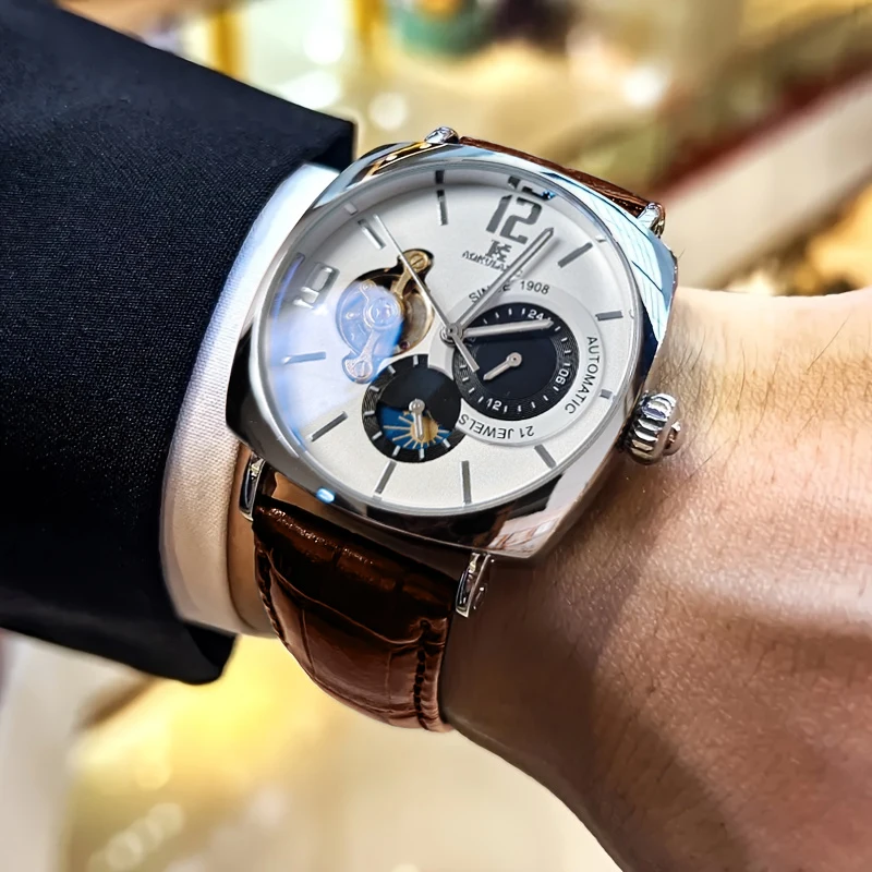 

Элегантные мужские винтажные механические часы с высокой эстетической ценностью - скелетонизированный циферблат, корпус из сплава, кожаный ремешок - подходят для делового и повседневного ношения, лучший подарок для него, не требуют батареек.