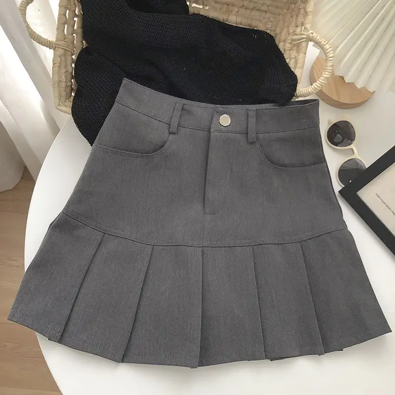 New Women Clothing Summer Preppy Style Sweet Kawaii Pleated Short Skirts Y2K Female High Waist Chic Solid Slim A Line Mini Skirt