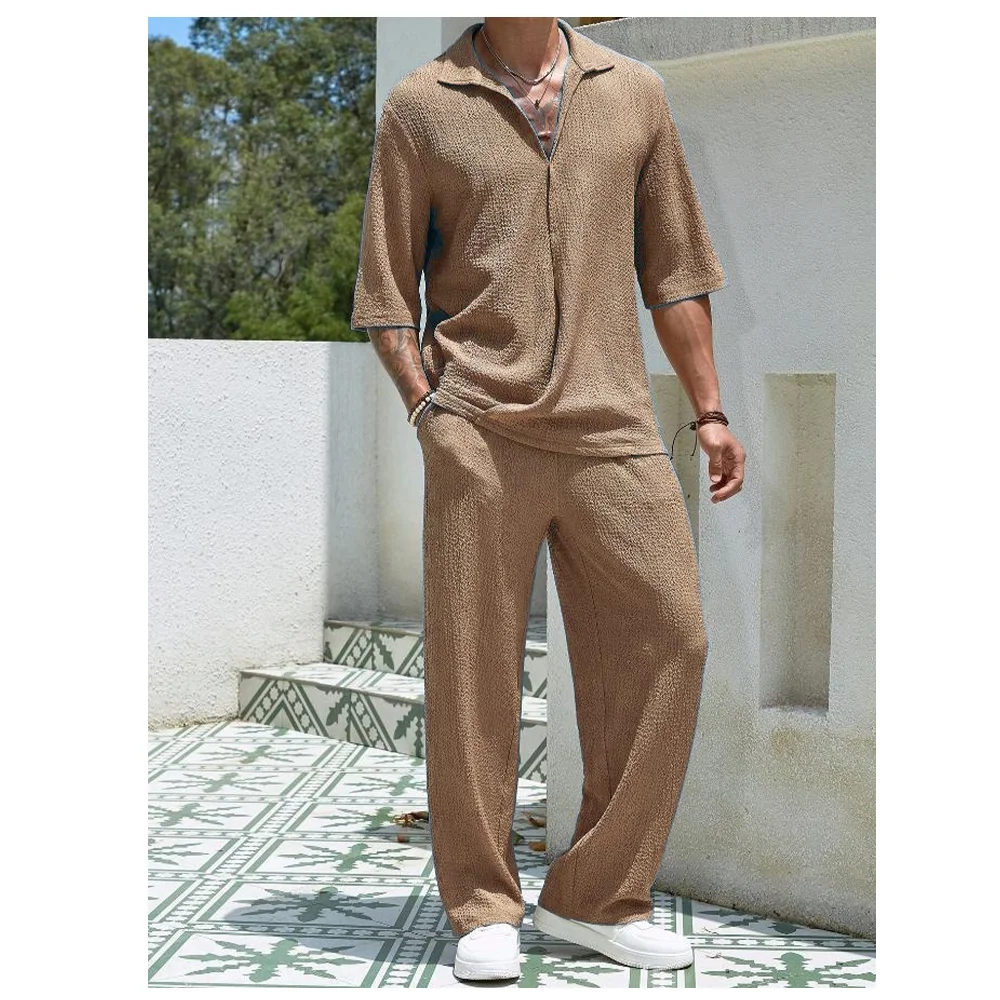 

Новинка 2024 года, весна-лето, пляжный костюм из двух предметов, мужской повседневный костюм в стиле ретро с воротником, однотонная рубашка с половиной рукавов, свободные брюки на шнурке