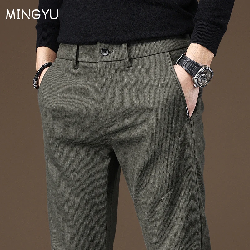 Autumn Winter Pants Men Stretch Slim Fit Elastic Waist Business Classic Korean Cargo Thick Casual Trousers Male Green Black Grey