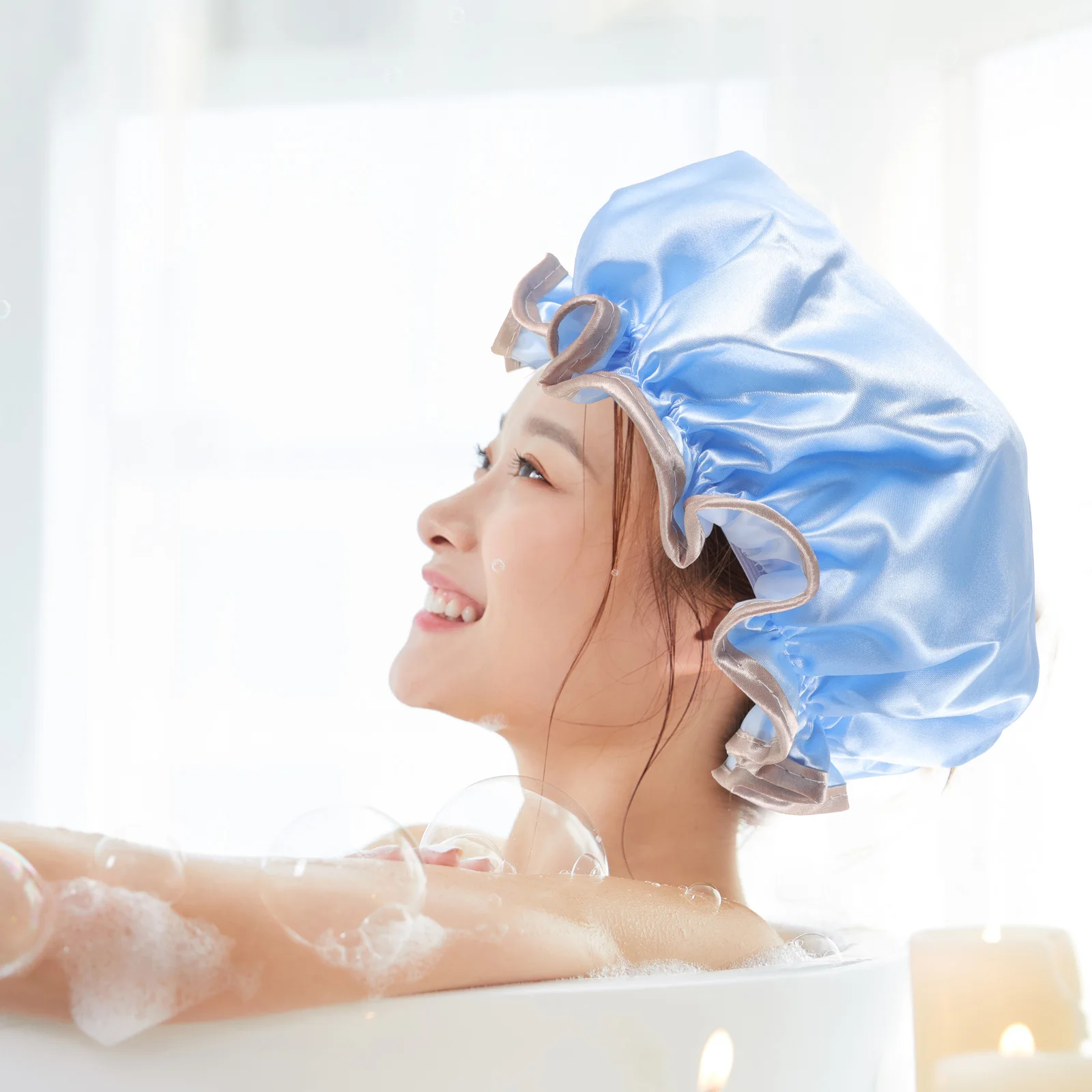 

Women's Waterproof Shower Cap Reusable Large Bath Hat for Long Hair Natural Curls Braids Spa Sauna Bathing Essential