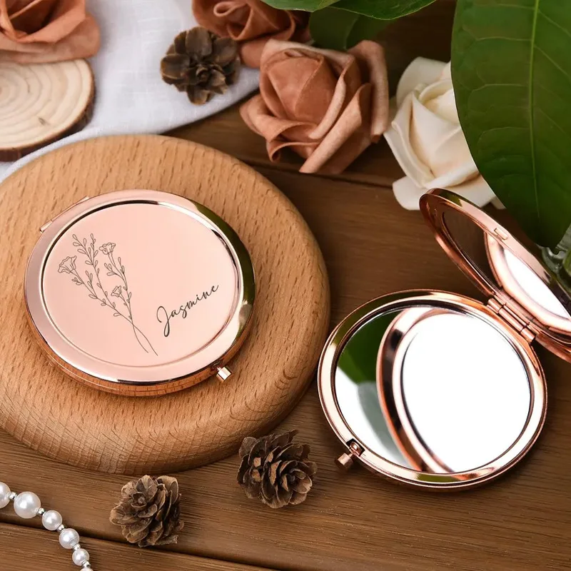 Custom Double Sided Folding Makeup Mirror Portable Pocket Vanity Mirror for Bridesmaid Bridal Wedding Gift