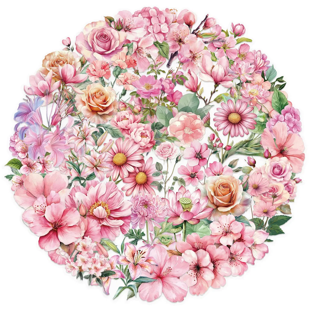 50PCS Transparent Cartoon Pink Flower Stickers Pack - Waterproof Clear PET Scrapbook Supplies for Guitar RecordingYourLife Store