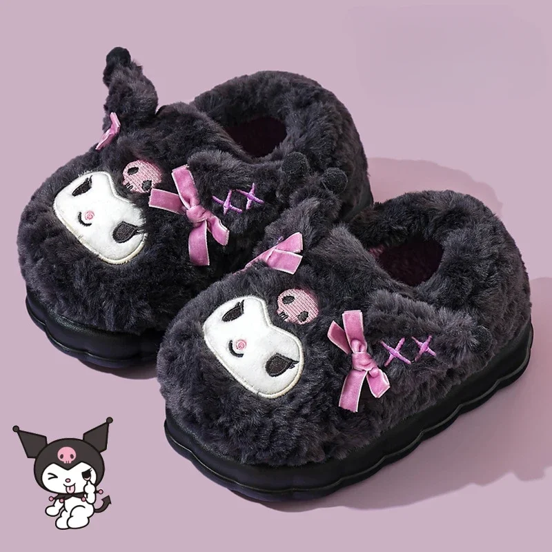 Sanrio Kulomi Purple Plush Winter Warm Bag and Cartoon Women's Cotton Slippers Indoor Cute Thick-bottomed Non-slip Home Slippers