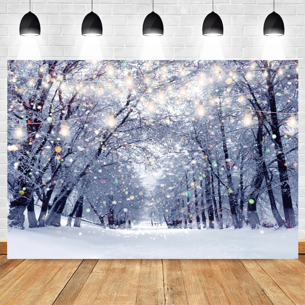 Winter Photography Backdrop Glitter White Snow Forest Pine Tree Christmas Holiday Party Decor Background Photo Studio Props