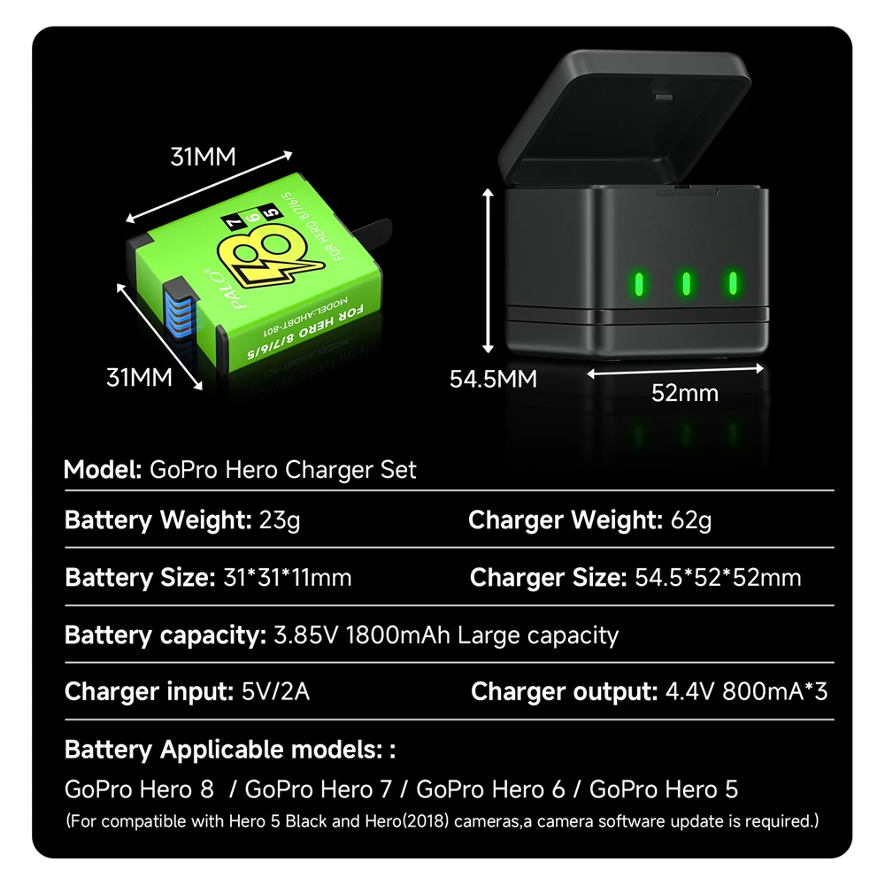 PALO for GoPro 8 Batteries 1800mAh Replacement Battery + 3 Slots LED Type-C Charger for Gopro Hero 7 6 Bateria Go Pro 5 Camera