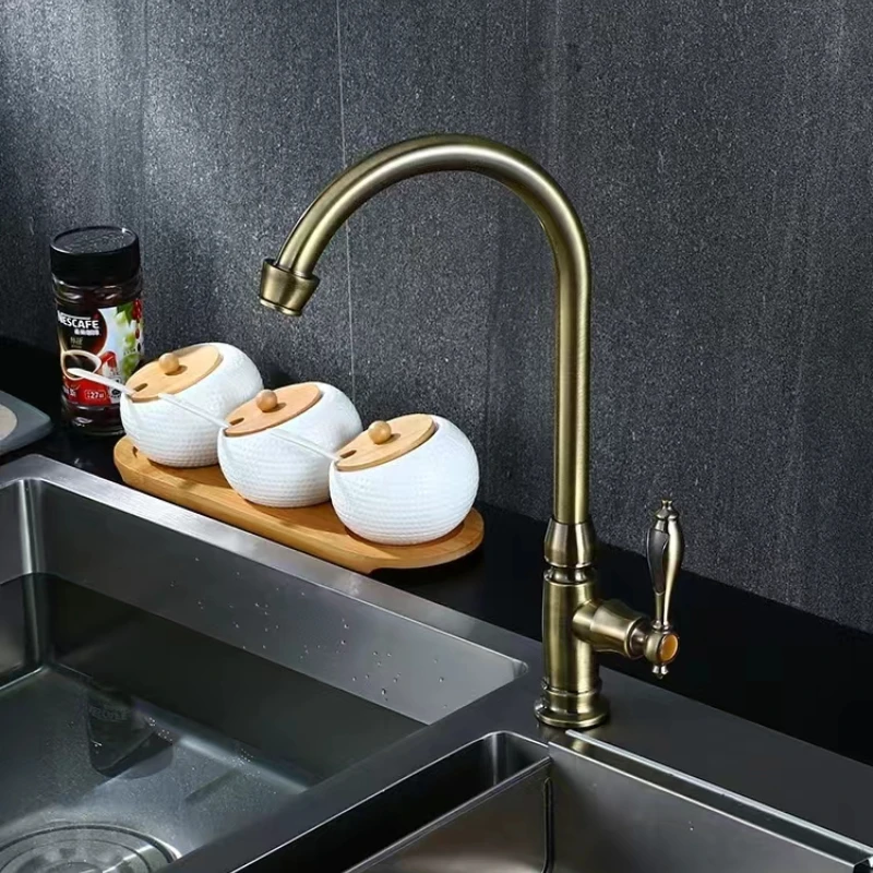 Kitchen Faucet Single Cold Water High Bend Pipe Rotatable European Style Antique Bronze Color Basin Faucet for Washing Dishes
