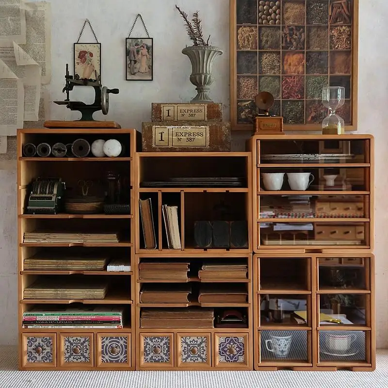 Wood glass six-draw desk desktop teacup tea set essential oil storage box multi-layer drawer storage cabinet