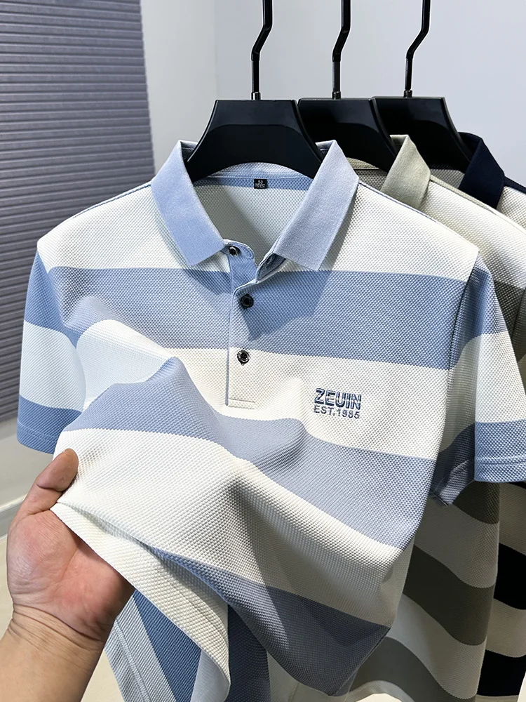 

Классическая полосатая мужская футболка с коротким рукавом, новинка лета 2025, повседневная, для среднего возраста, с воротником, модная, городская