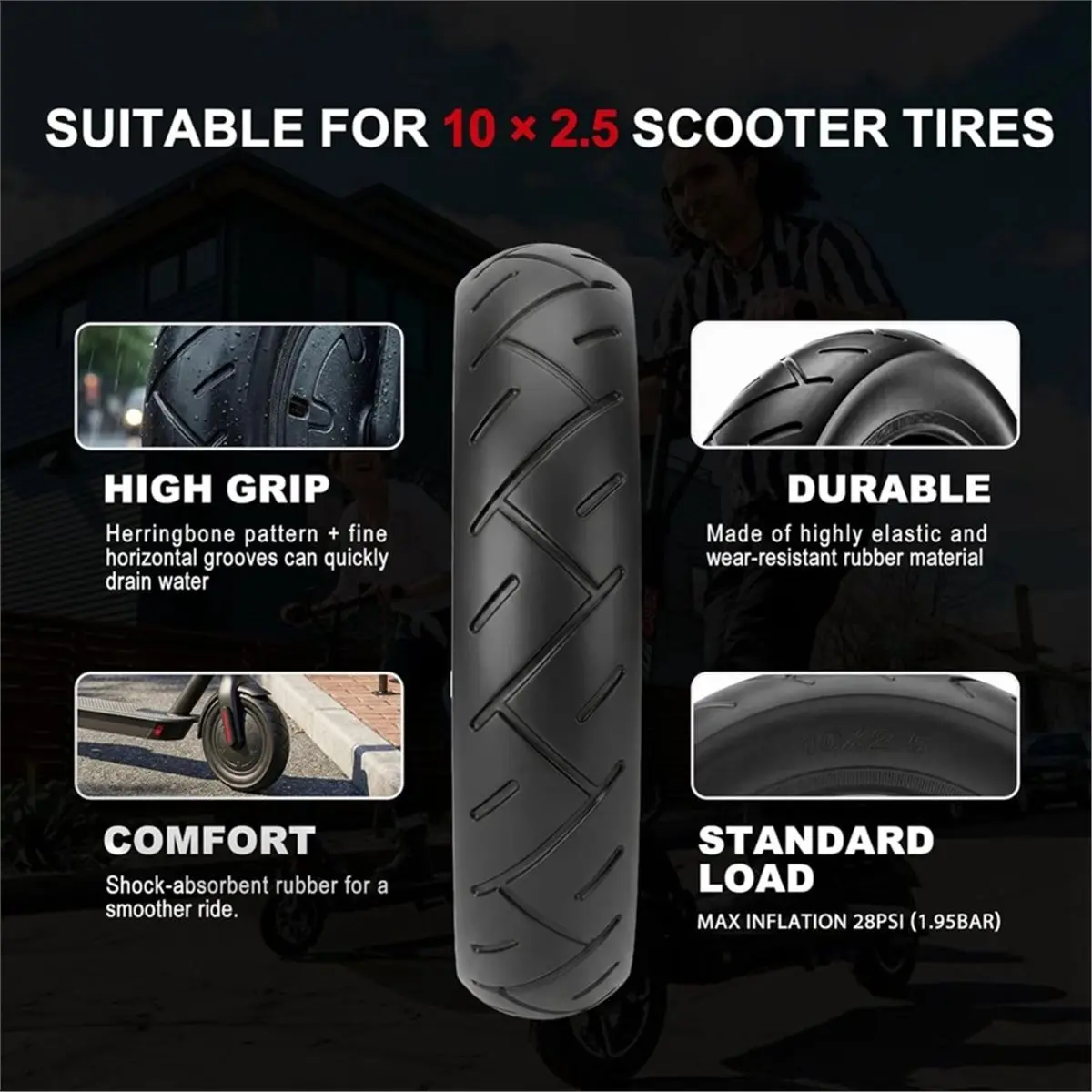 giftnew 10x2.5 Electric Scooter Tire & Tube Set, Tire and Replacement Tube with 90° Bent Valve and 2 Tire Levers