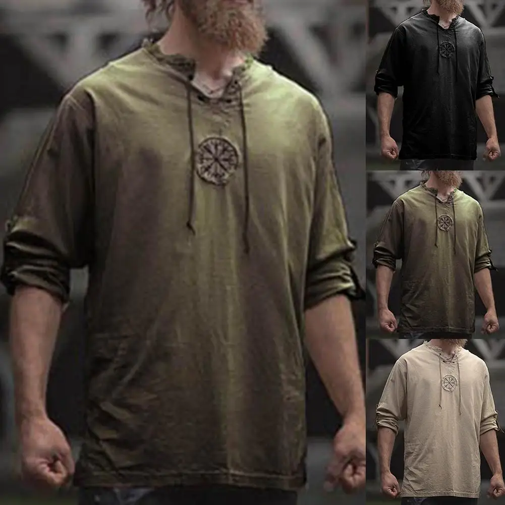 

Men Cotton Linen Shirt Top Drawstring Blouse Ancient Embroidery Lace Up V Neck Long Sleeve T-Shirt Top For Men's Clothing