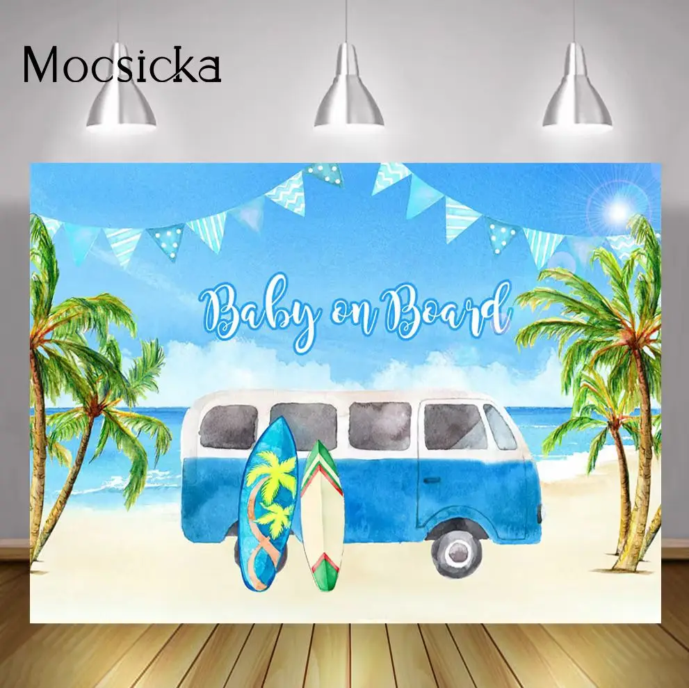 Baby on Board Backdrop Summer Sea Beach Painting Background Newborn Kids Portrait Photography Surfboard Bus Blue Sky Plam Trees