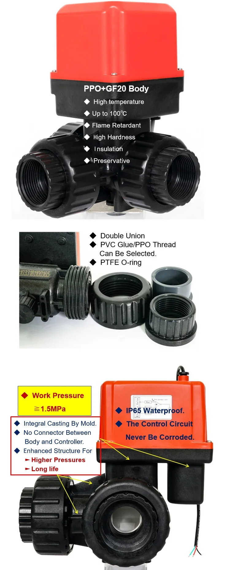 RXE Series 2way 3 Way Plastic Electric Ball Valve DC24V  Fluid Motorized Ball Valve Electric Ball Valve for Water