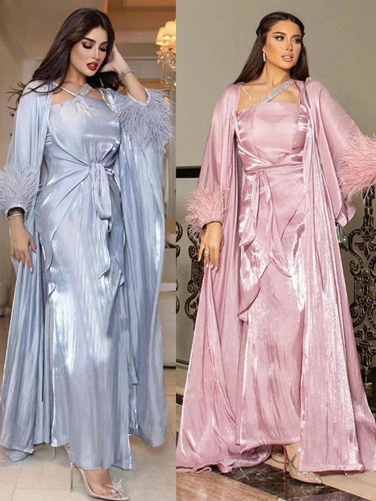 

Morocco Muslim Dress 3 Piece Set Abaya Kaftans Feather Evening Dresses Women Dubai Turkey Islam Long Dress Robe Femme Vestidos