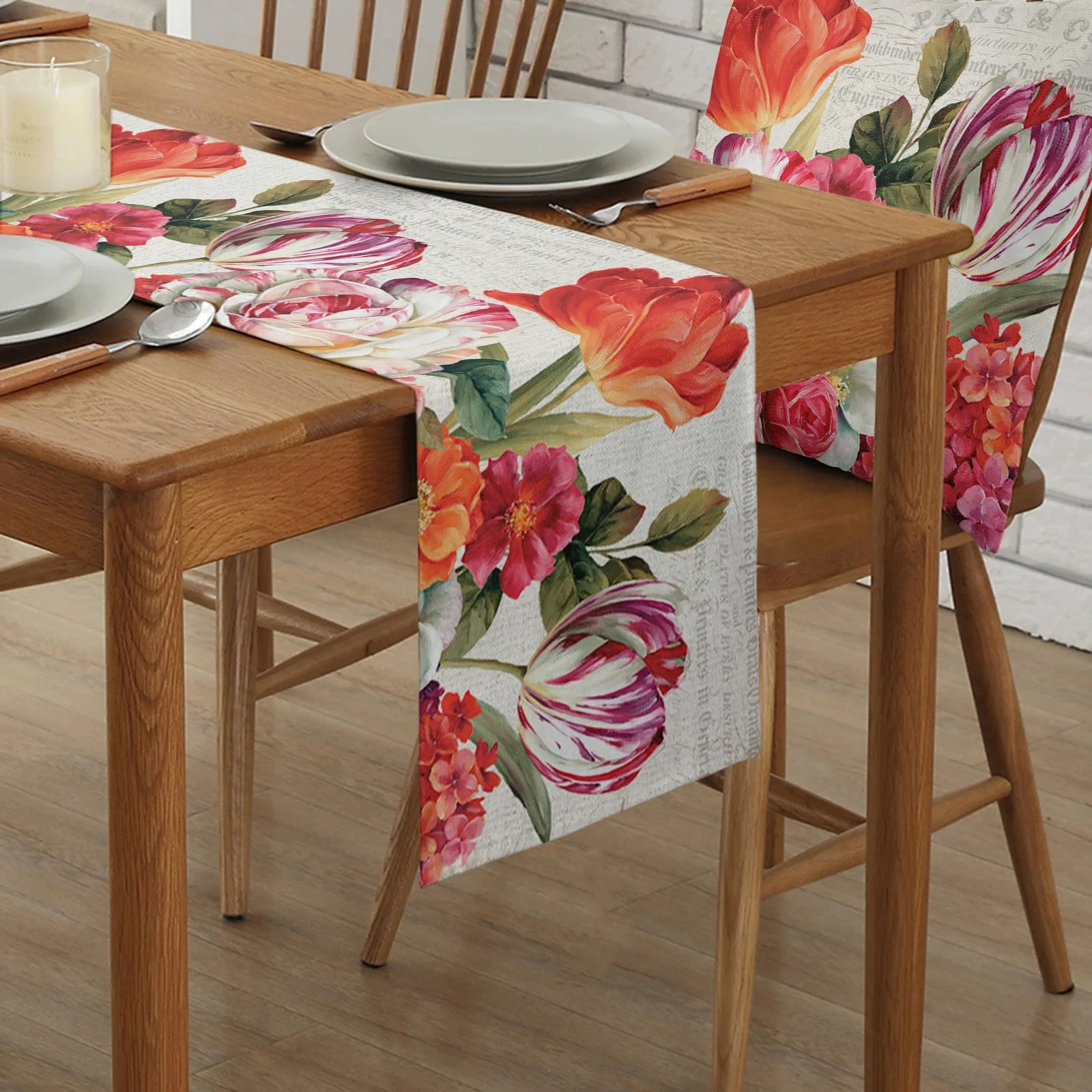 Vintage Flowers Tulips Oil Painting Linen Table Runner Farmhouse Holiday Wedding Party Decor Washable Kitchen Dining Table Decor