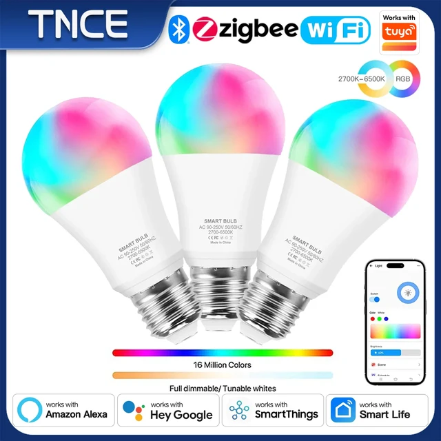 TNCE Tuya E27 Żarówka WIFI Zigbee Bluetooth, Ściemnialne światła, Lampa LED 2700-6500k RGB, Aplikacja Smart Life, Głos z Alexa Google Home
