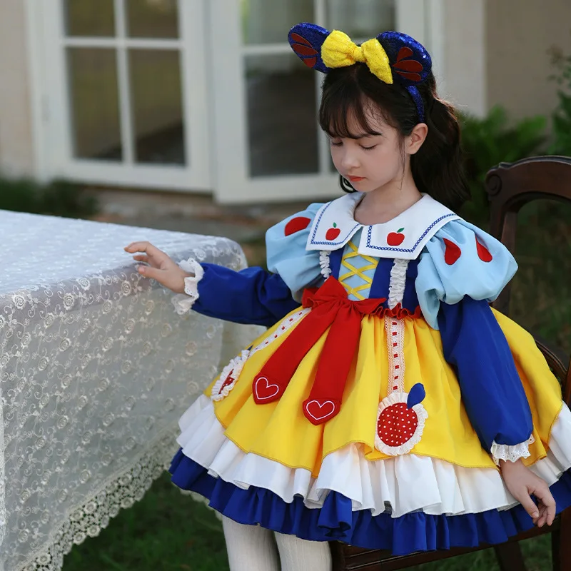 Disney Snow White Girl Lolita Princess Ball Gown bambini Bow Design Puff manica lunga Costume Cosplay festa di compleanno gonna regali