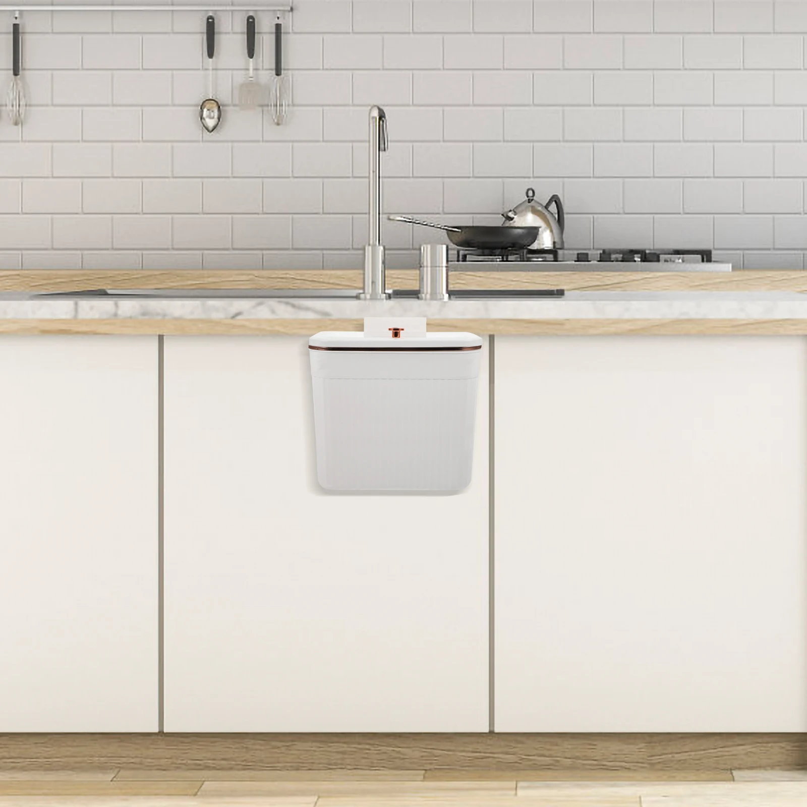 

Wall Mount Trash Can 7L Moon White Lid Kitchen Garbage Bucket Hooks Home Office Hanging Waste Container Small Size Practical