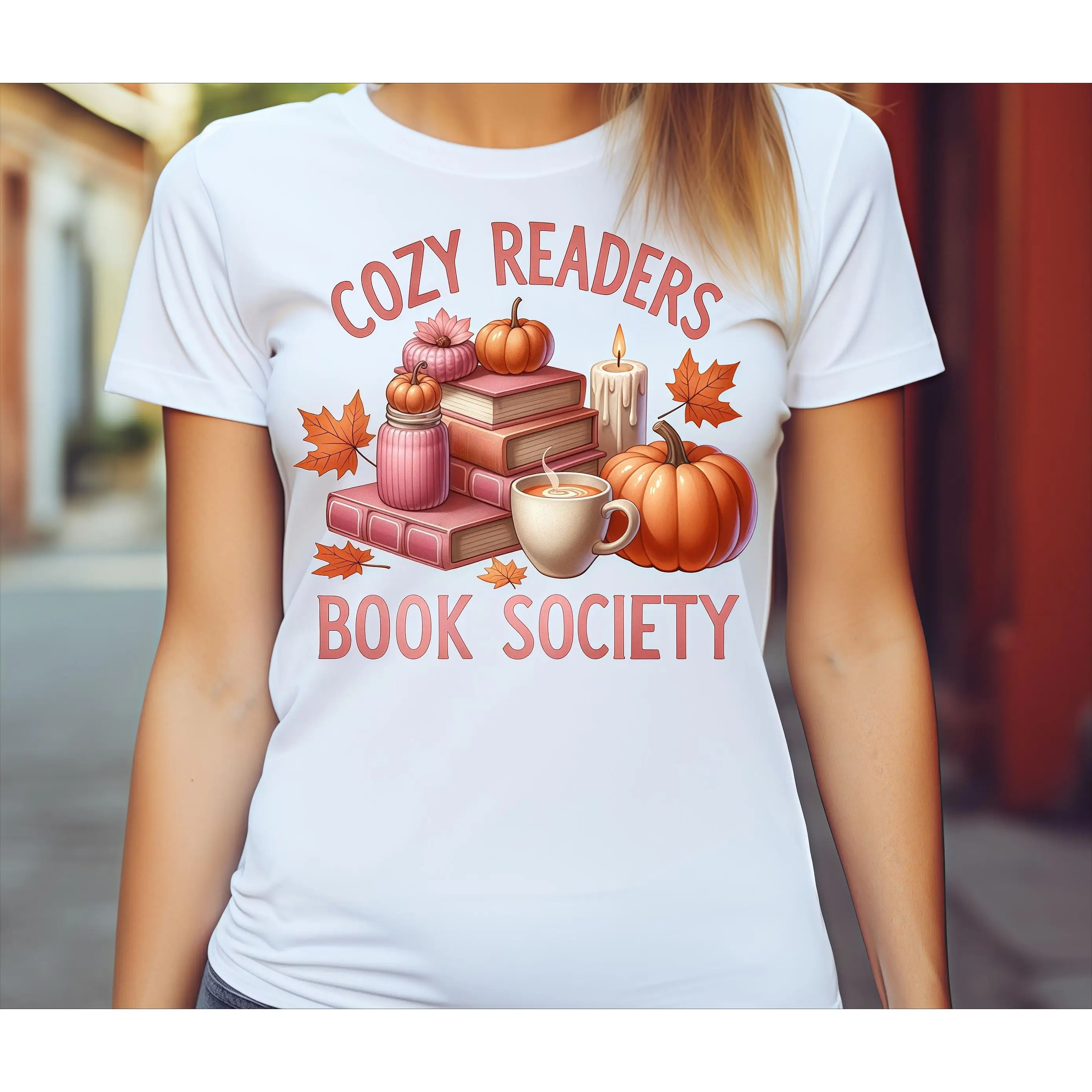

Cozy Readers Book Society T-Shirt Women, Autumn Fall Reading Lover Graphic Tee, Pumpkin Coffee Candle Literary Gift Top