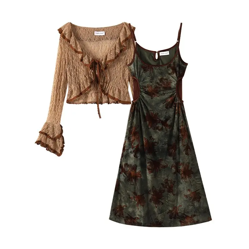 

Новое платье-бретелька в китайском стиле с цветочным принтом + модный тренд Y2k, универсальный кардиган, пальто, женские осенние комплекты из двух предметов, шаль