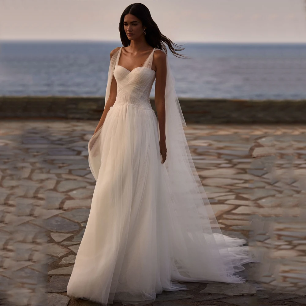 

Customized Beach Tulle Wedding Dresses A-Line Sweetheart Spaghetti Straps Boho Bride Gown For Bridal Pleat vestidos de novia