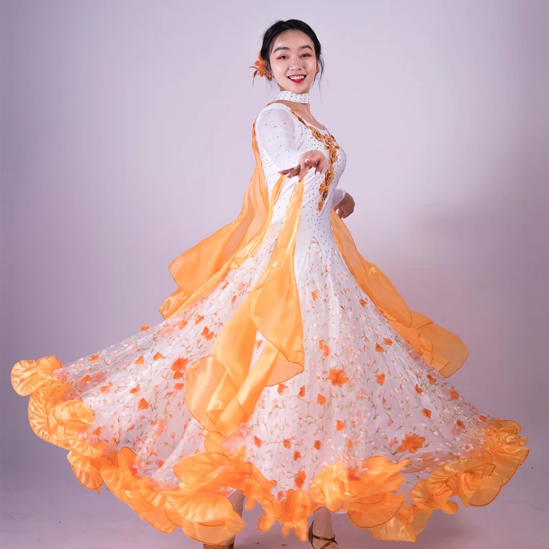 New Women's Ballroom Dance Performance Dress Adult Lace Flower Pattern Waltz Latin Dance Dresses Samba Standard Ball Wear XH430