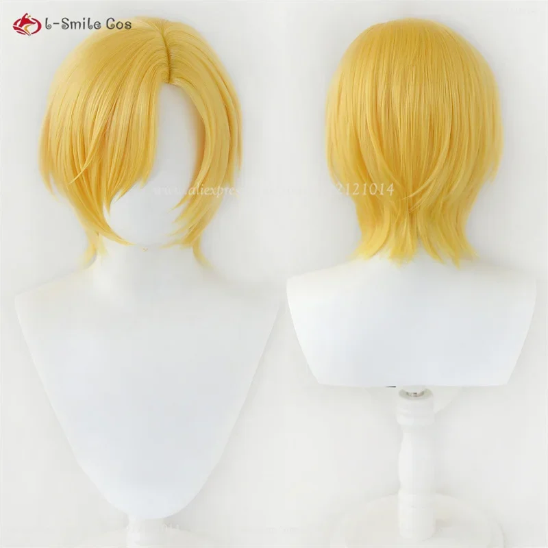 Anime Sanji Cosplay Wig Short Golden Wig Sanji Cosplay Anime Wig Heat Resistant Synthetic Hair Halloween Costumes Wigs   Wig Cap