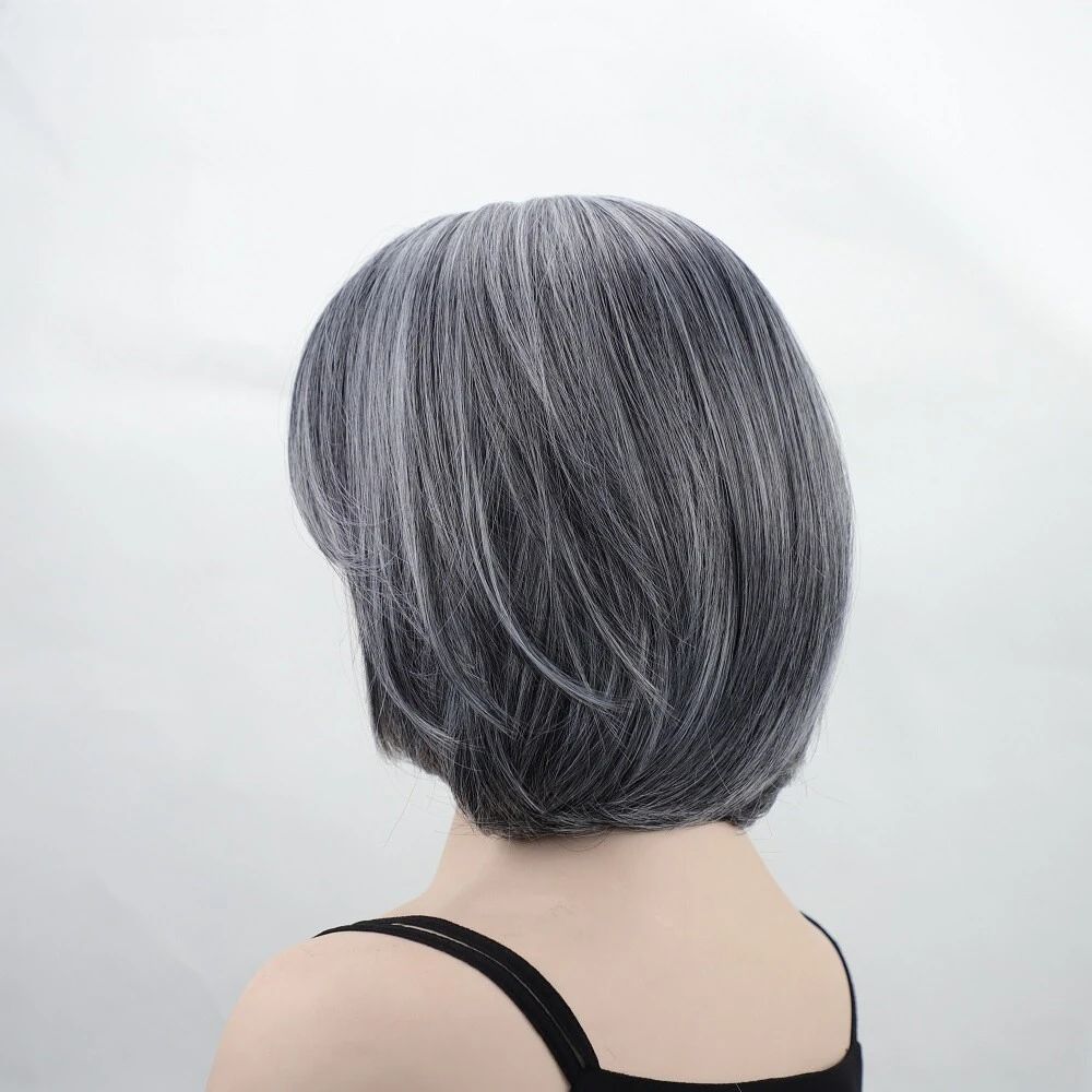 แฟชั่นสั้นตรงใหม่สีเทาผมบ๊อบสำหรับผู้หญิงวัยชราวิกผม