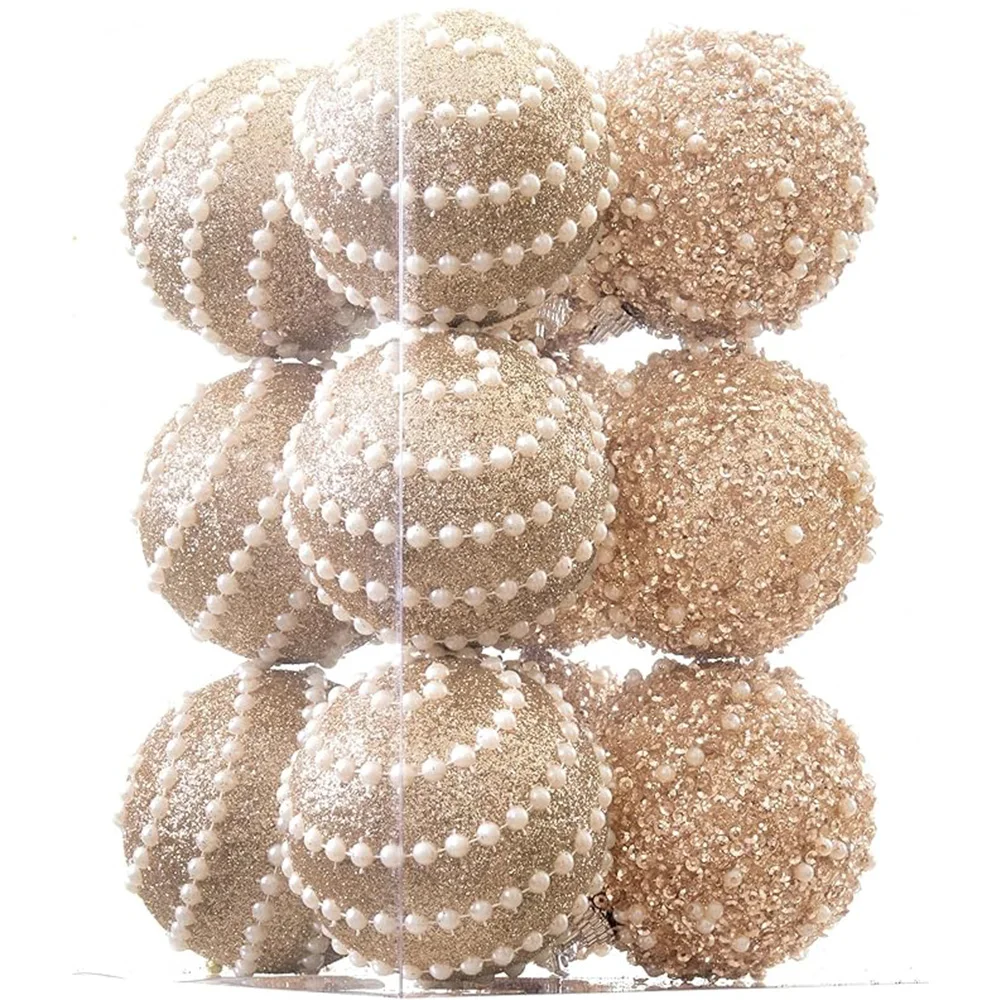 Champagne Christmas Ball Ornaments, Christmas Ball Decorations Shatterproof Plastic Hanging Pearl Balls for Holiday Party