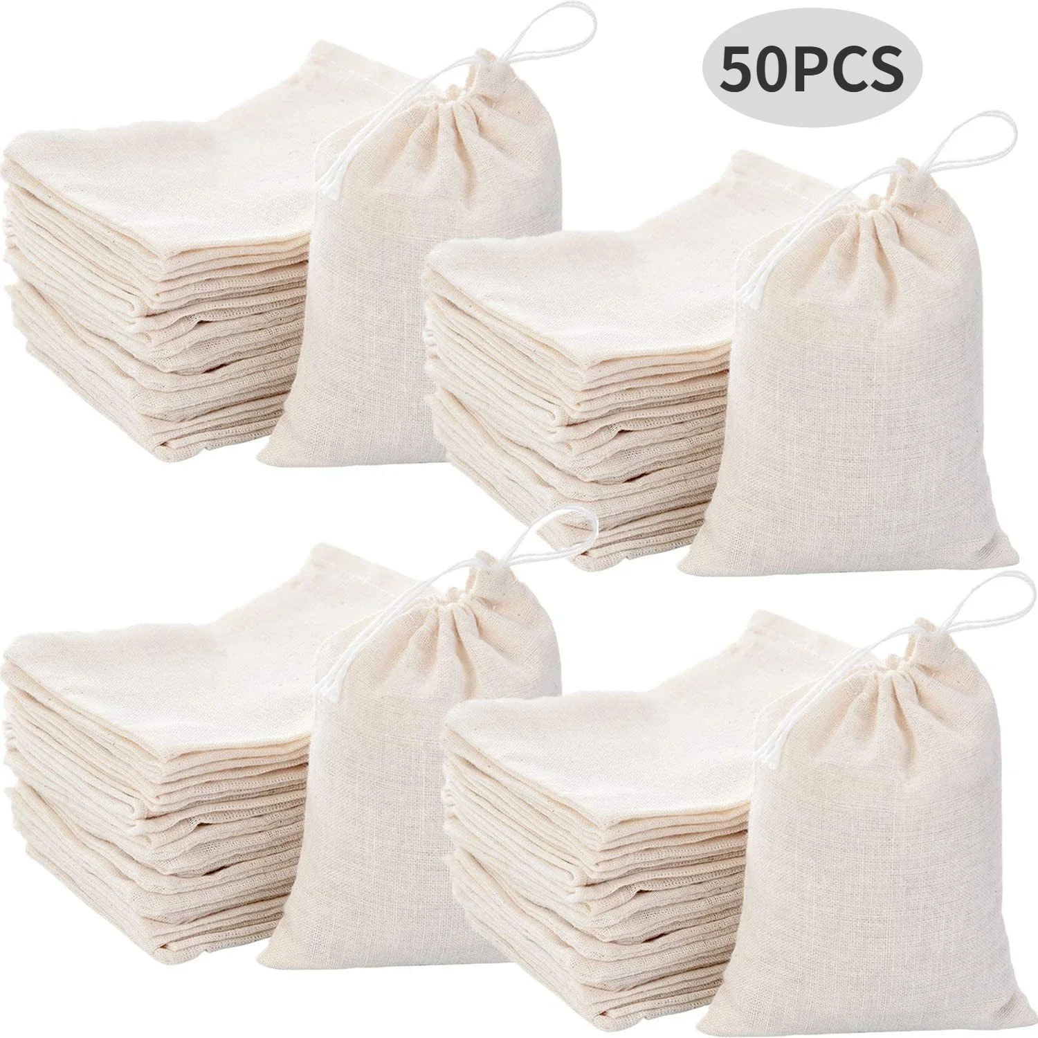50 قطعة القطن الخالص الشاش حقيبة ملابس واحدة شفط كيس مرشح Marinade التوابل Dreg فصل الرباط ، كيس شاي من القماش القطني