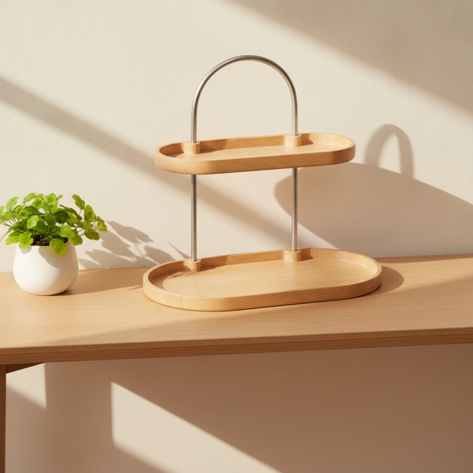 Two-Tier Rack with Wooden Trays Double-Layer Countertop Storage Shelves Tabletop Rack Tiered Countertop Organizer Compact