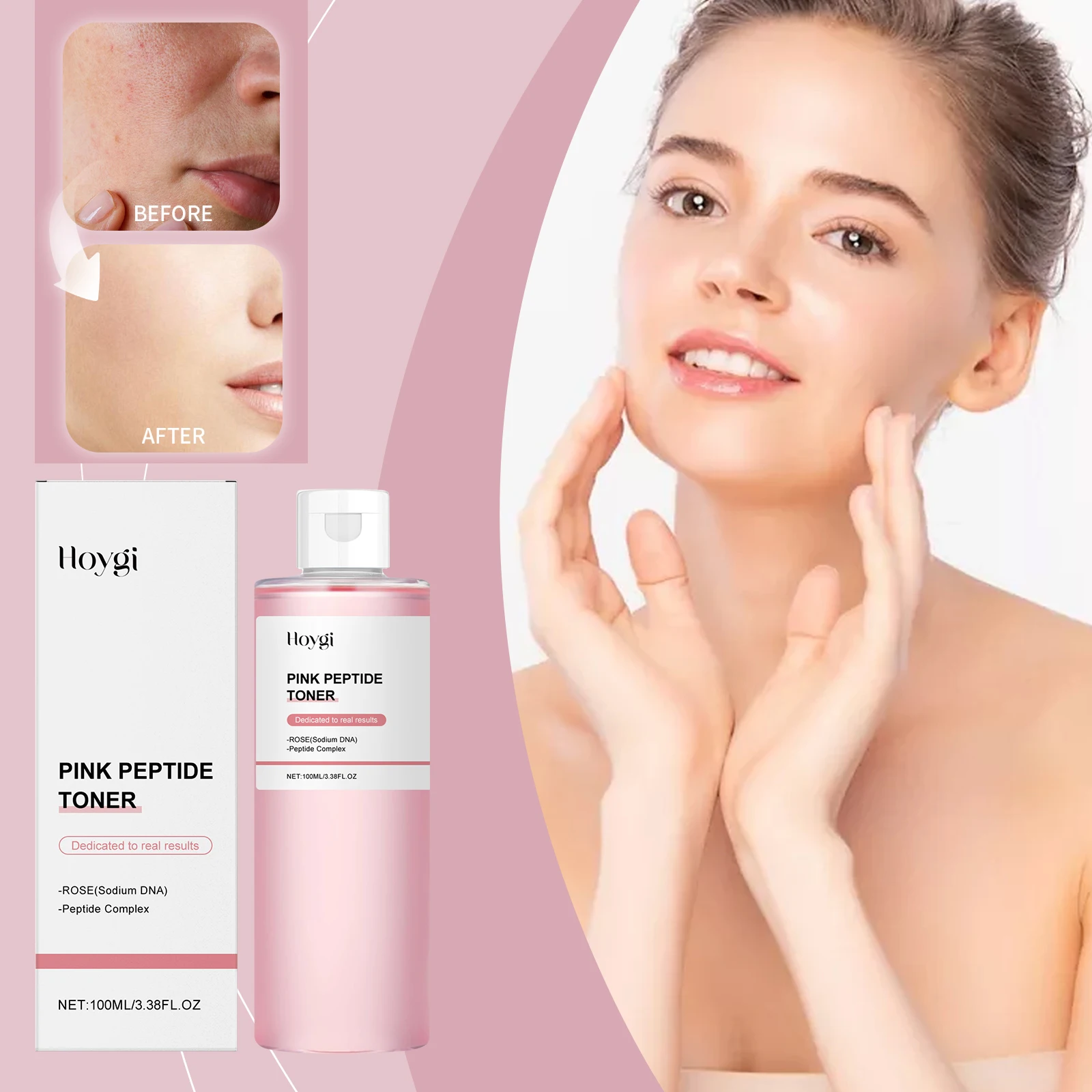 핑크 펩타이드 토너 - 수분 공급, 노화 방지 및 브라이트닝을 위한 100ml 로즈 워터 & 펩타이드 복합체 - 통통함을 위한 소듐 DNA 주입,