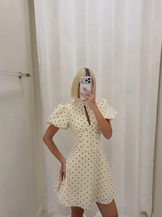 Polka Dot Mini Dress Retro A Line Puff Sleeve Waist Cinching Party Style for Women - White Pot