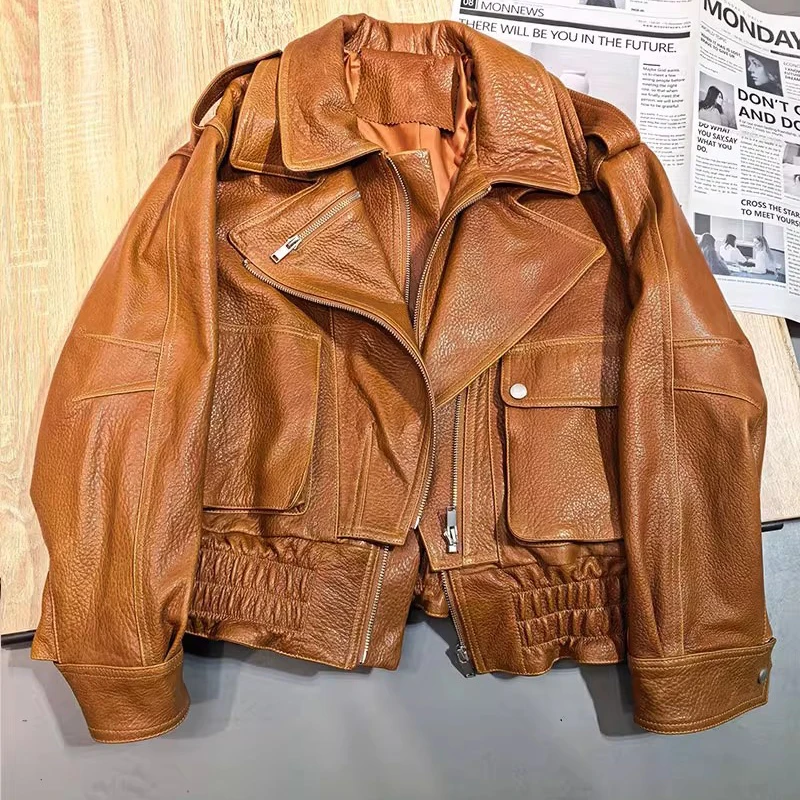 レザーコート秋冬女性ヴィンテージファッションダブルカラーライチ柄シープスキンバブルレザージッパーバイクジャケット