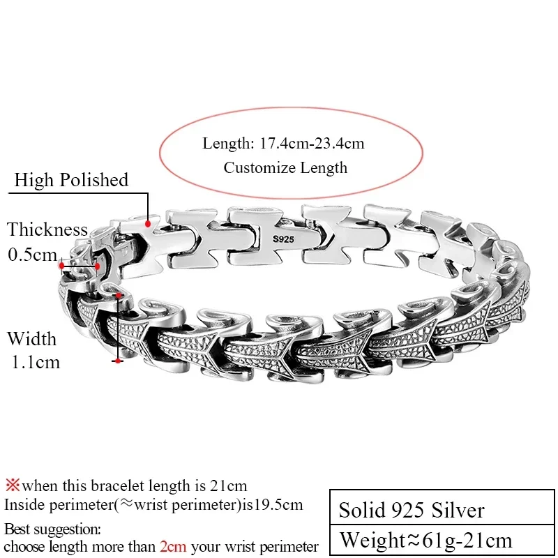 ZABRA Gothic Solid 925 Sterling Silver Dragon Bracelet Men High Polished Vintage Punk Rock Biker Keel Bracelets Jewelry For Male