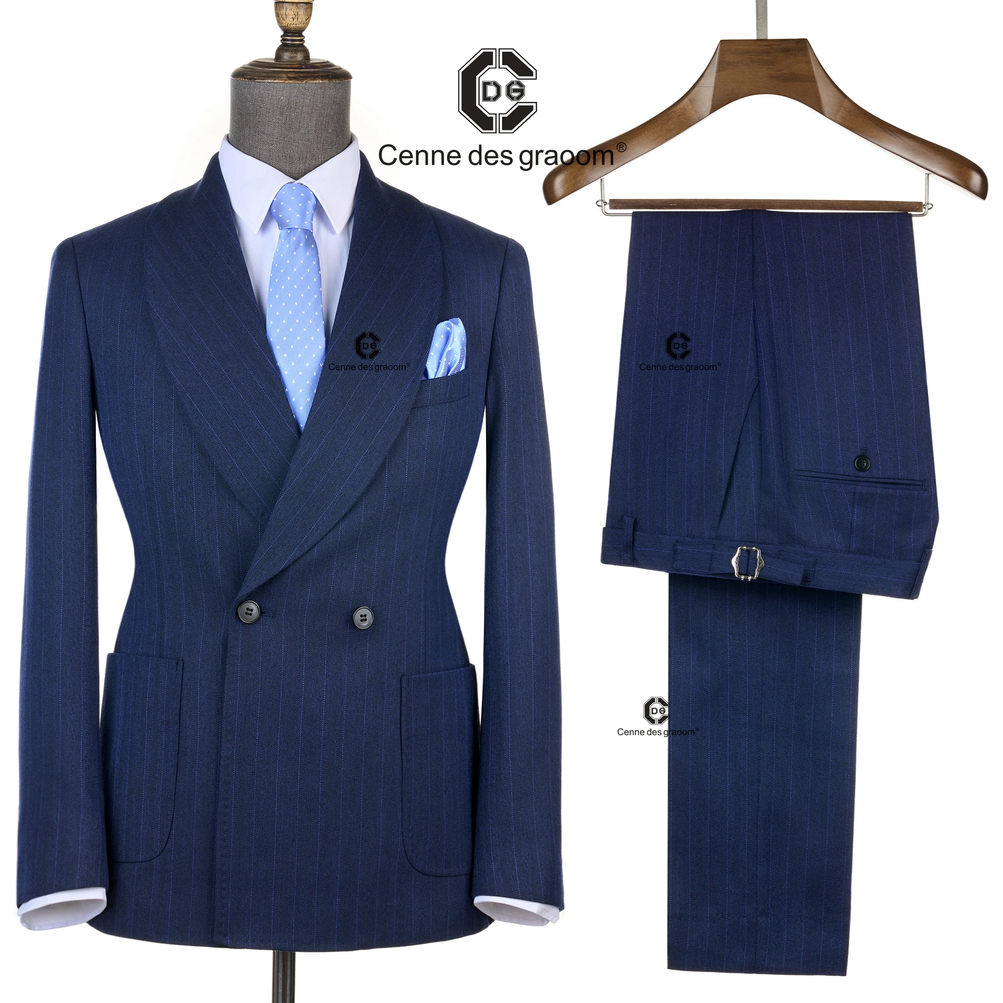 Cenne Des Graoom 2025 Navy Blue Striped Double-Breasted Men Suits With Patch Pocket Tailor-Made For Meeting Office Wear Wedding